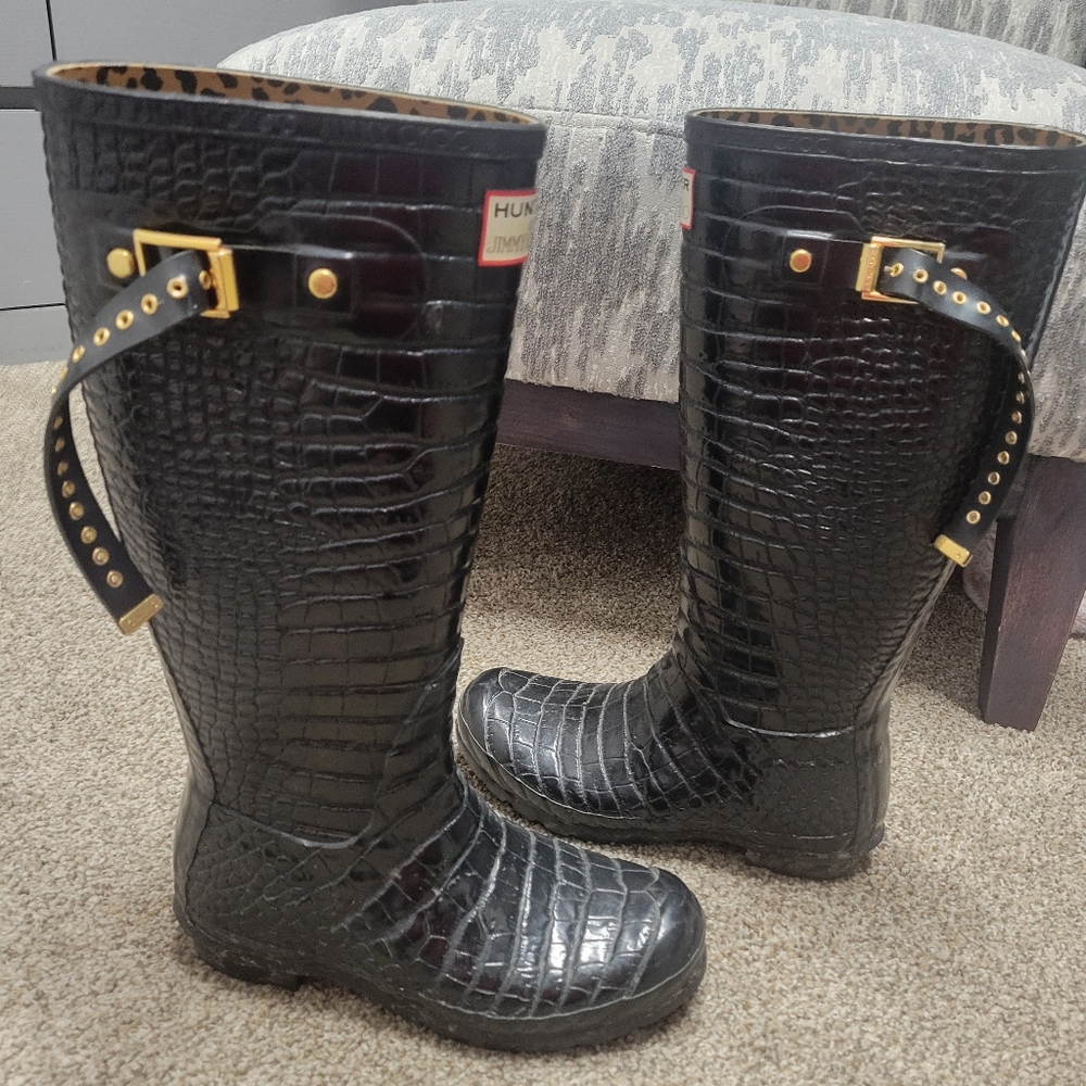 Hunter Black Croc-Patterned Boots with Gold Buckles